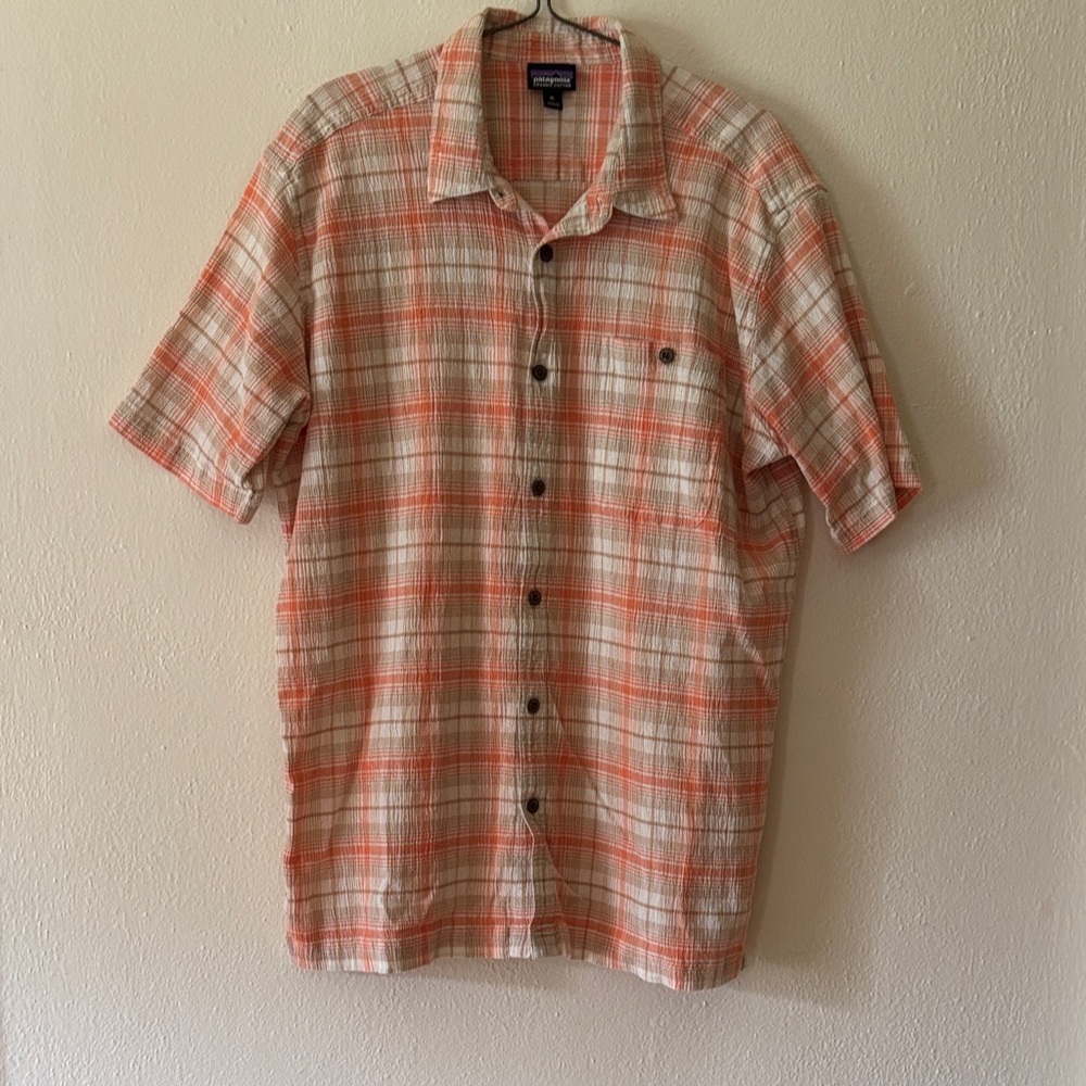 Patagonia Orange and Cream Plaid Button Down Shirt